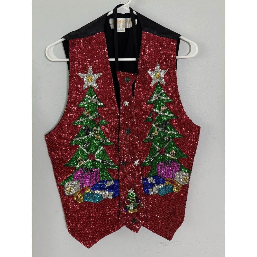 SAVVY Sequined Christmas Tree Vest With Tie Size M Holiday Festive Handcrafted